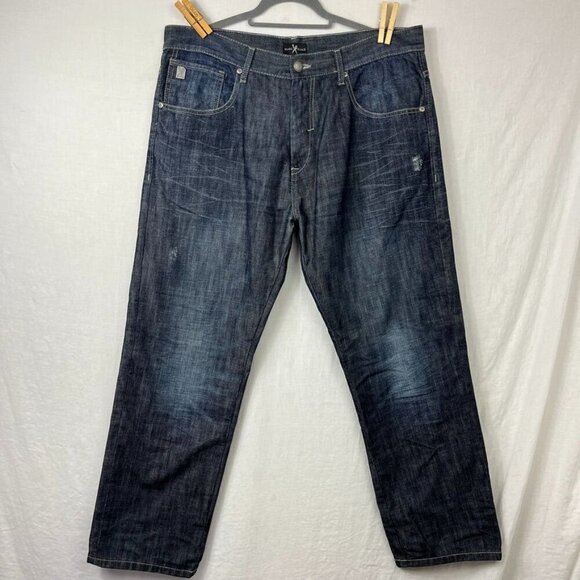Marc Ecko Distressed Dark Wash Straight Jeans Mens 38X29 Relaxed Skater Grunge - Picture 1 of 13